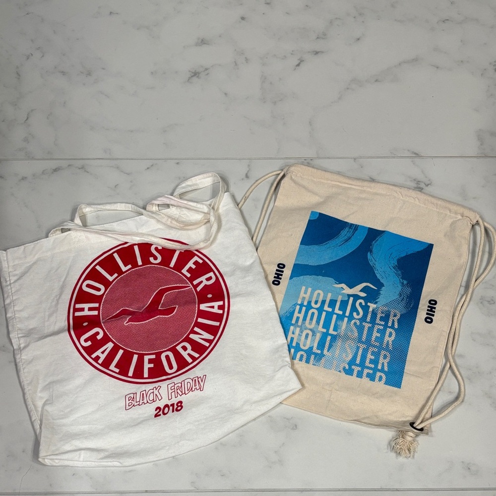 Hollister White Tote & Cream Drawstring Bag Set w/ Red & Blue Designs